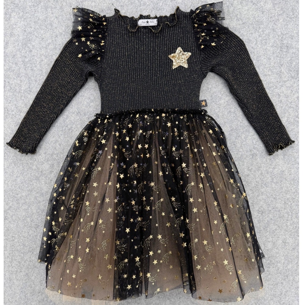 Petite Hailey Tutu Dress Kids 4 Black Gold Star Ribbed Tulle Shiny Party Ballet